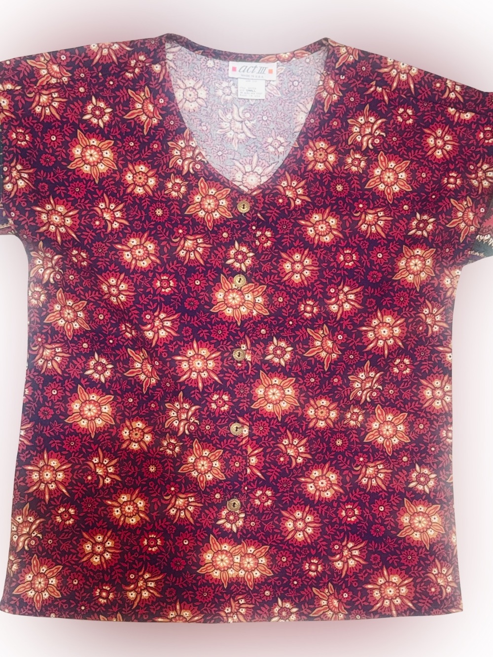 Vtg 80’s Act III Button-Front Floral V-Neck Top in Rust Red and Gold Made in USA
